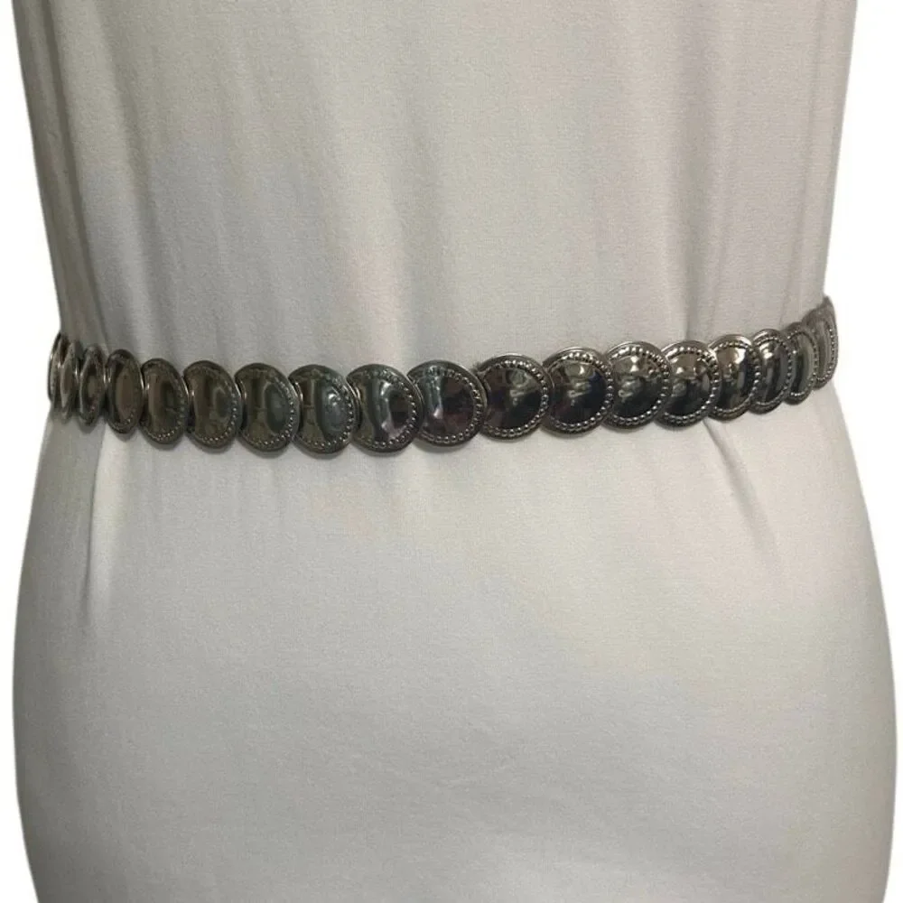 Vintage Boho-style Stretch Coin Belt Women's Medium Silver-tone Metal Disc